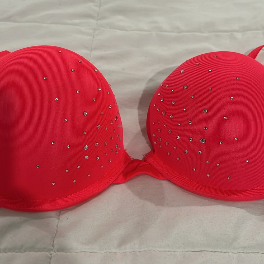 Vibrant Pink Push-Up Bra with Rhinestone Accents